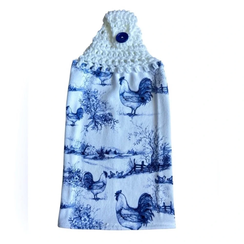 Hand Crafted Farmhouse Blue and White Hanging Rooster Kitchen Hand Towel